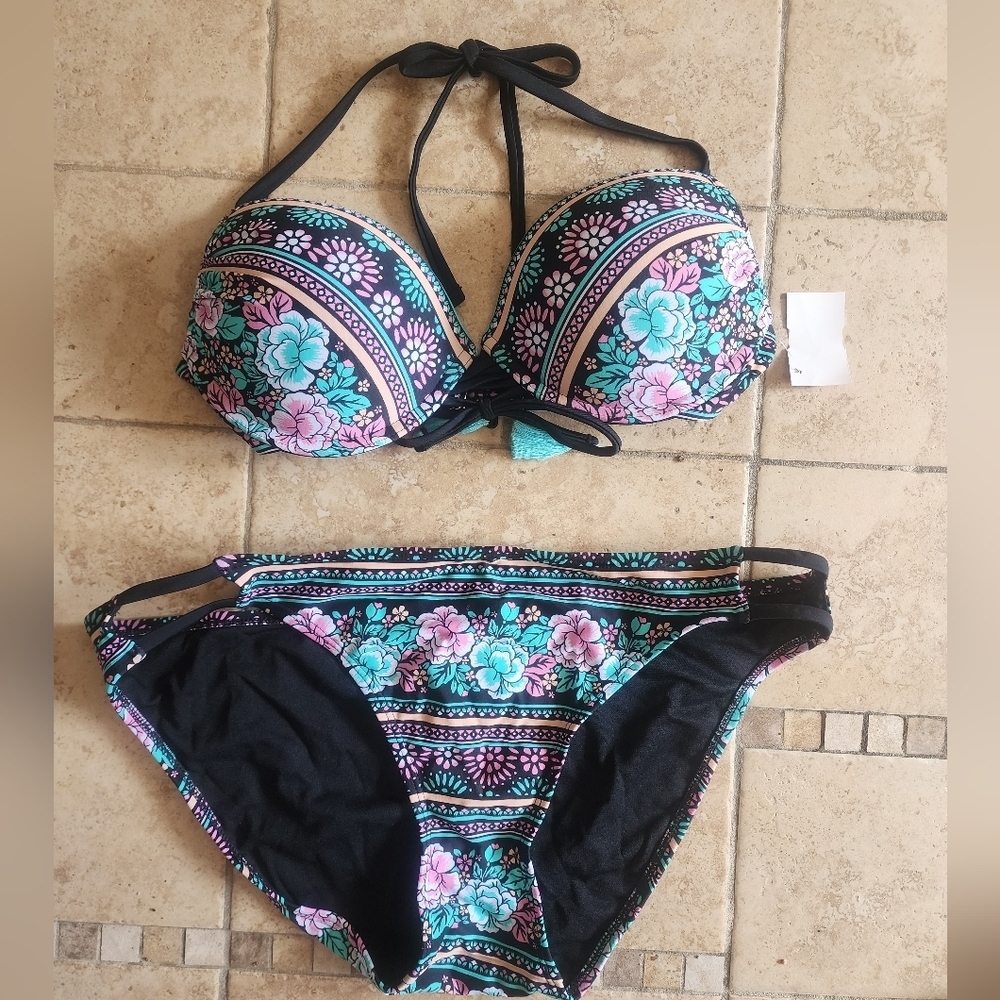 Xhiliration Women’s Floral Push-Up Bikini Set - Black with Teal & Pink